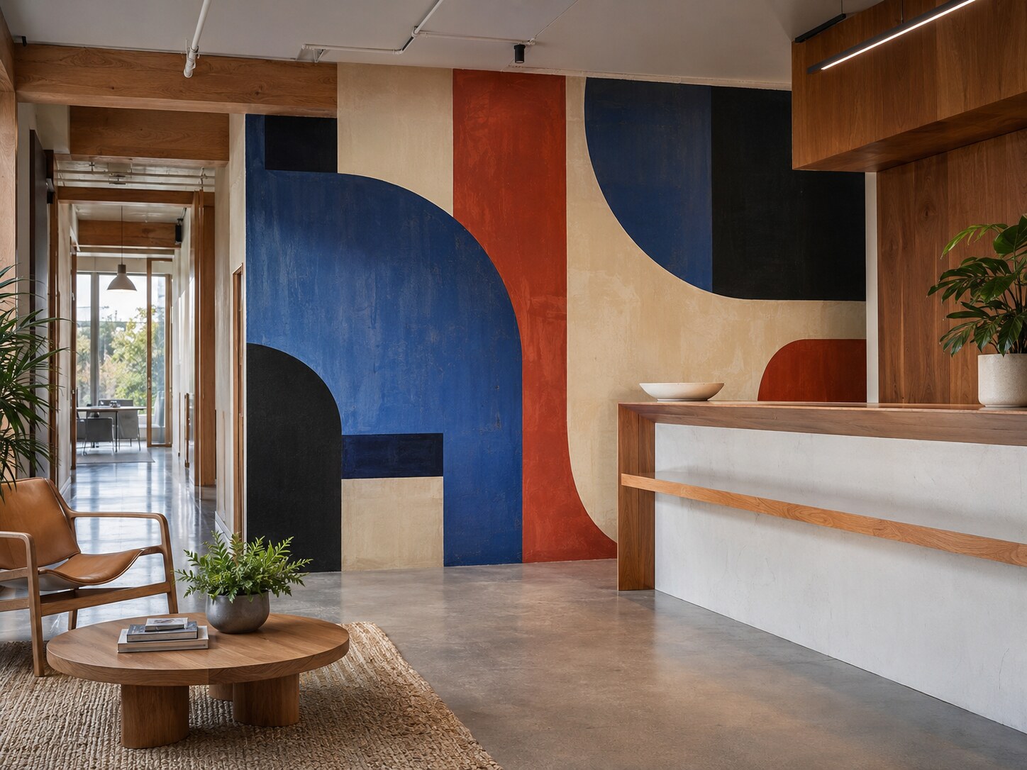 Creative workplace reception with an original brand-culture mural