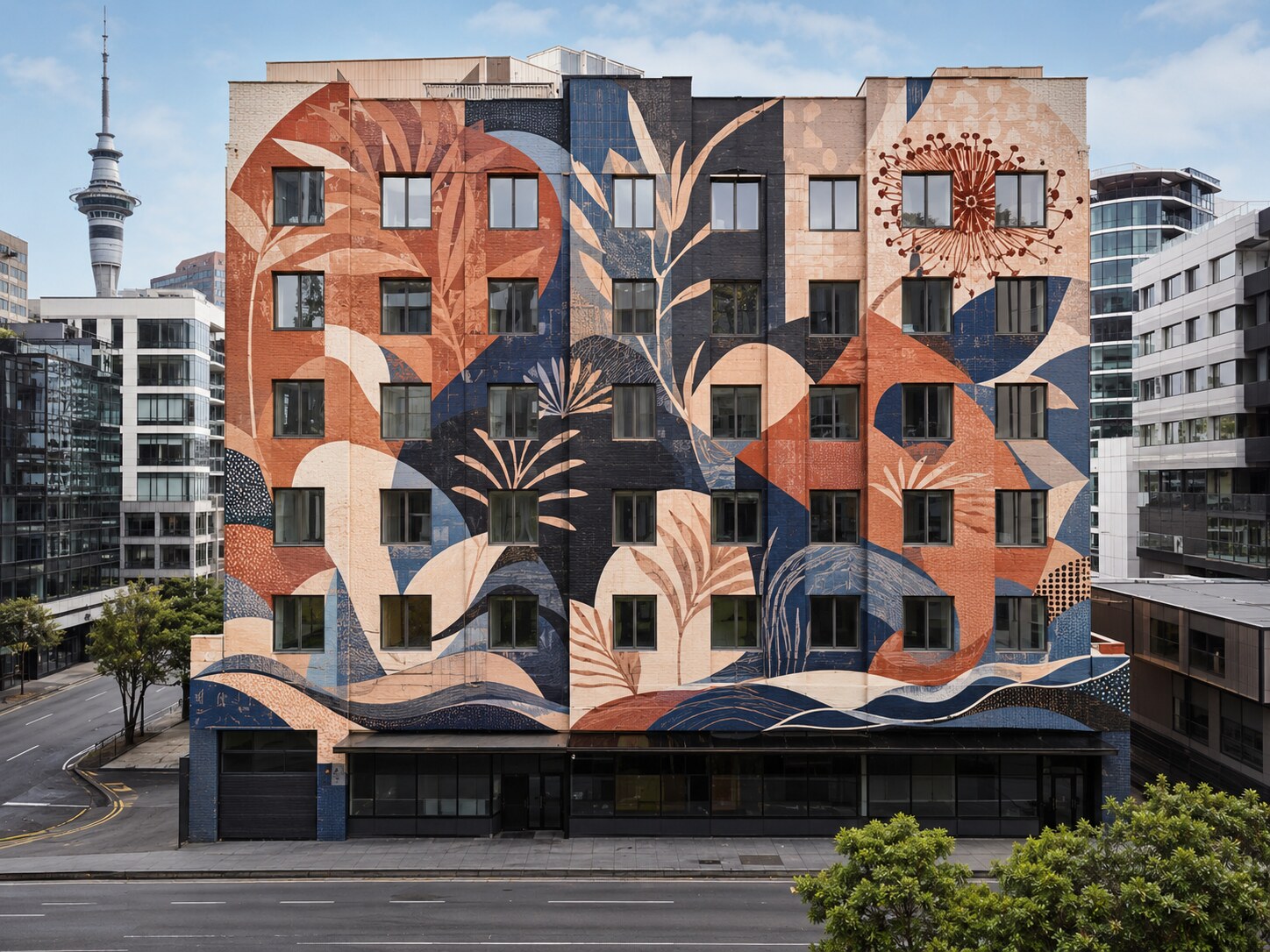 Multi-storey Auckland building façade with a monumental integrated mural