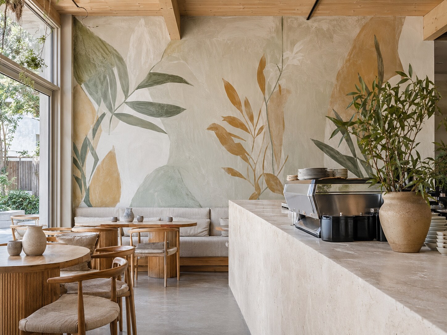 Warm contemporary café with a natural botanical mural