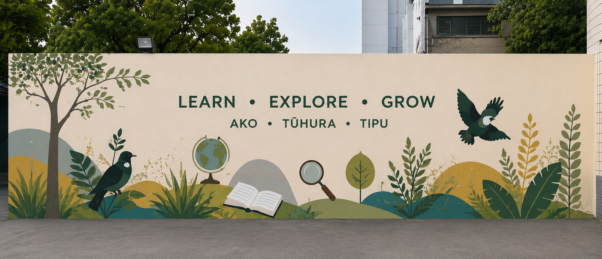 Auckland vocational school wall concept with native birds, plants and bilingual learning message