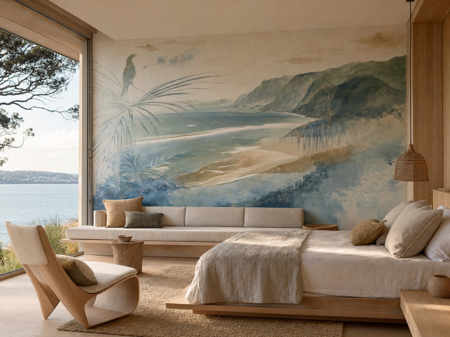 Boutique coastal stay with an expansive ocean-inspired mural