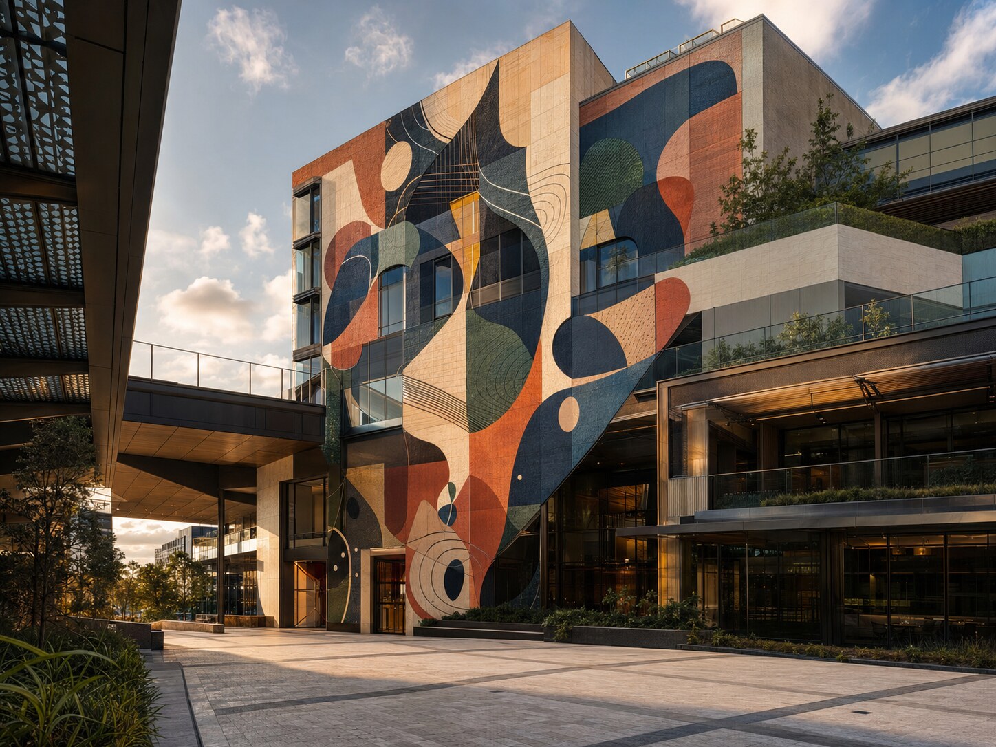 Commercial public plaza with a monumental architectural mural