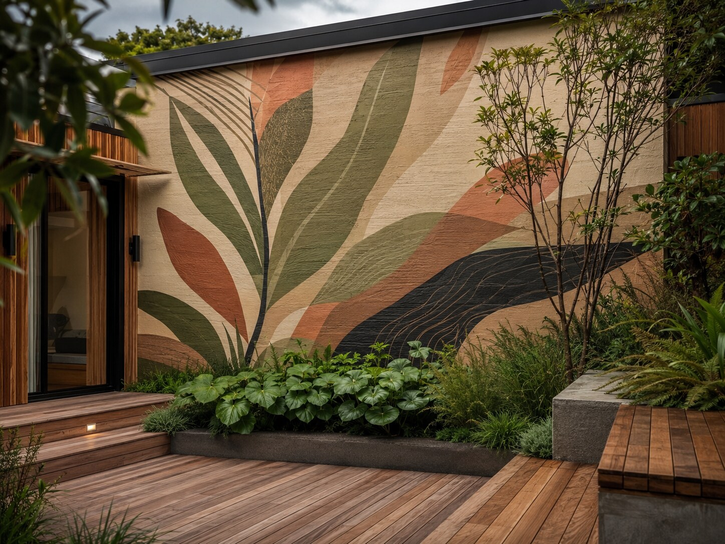 Auckland residential courtyard with an integrated exterior mural