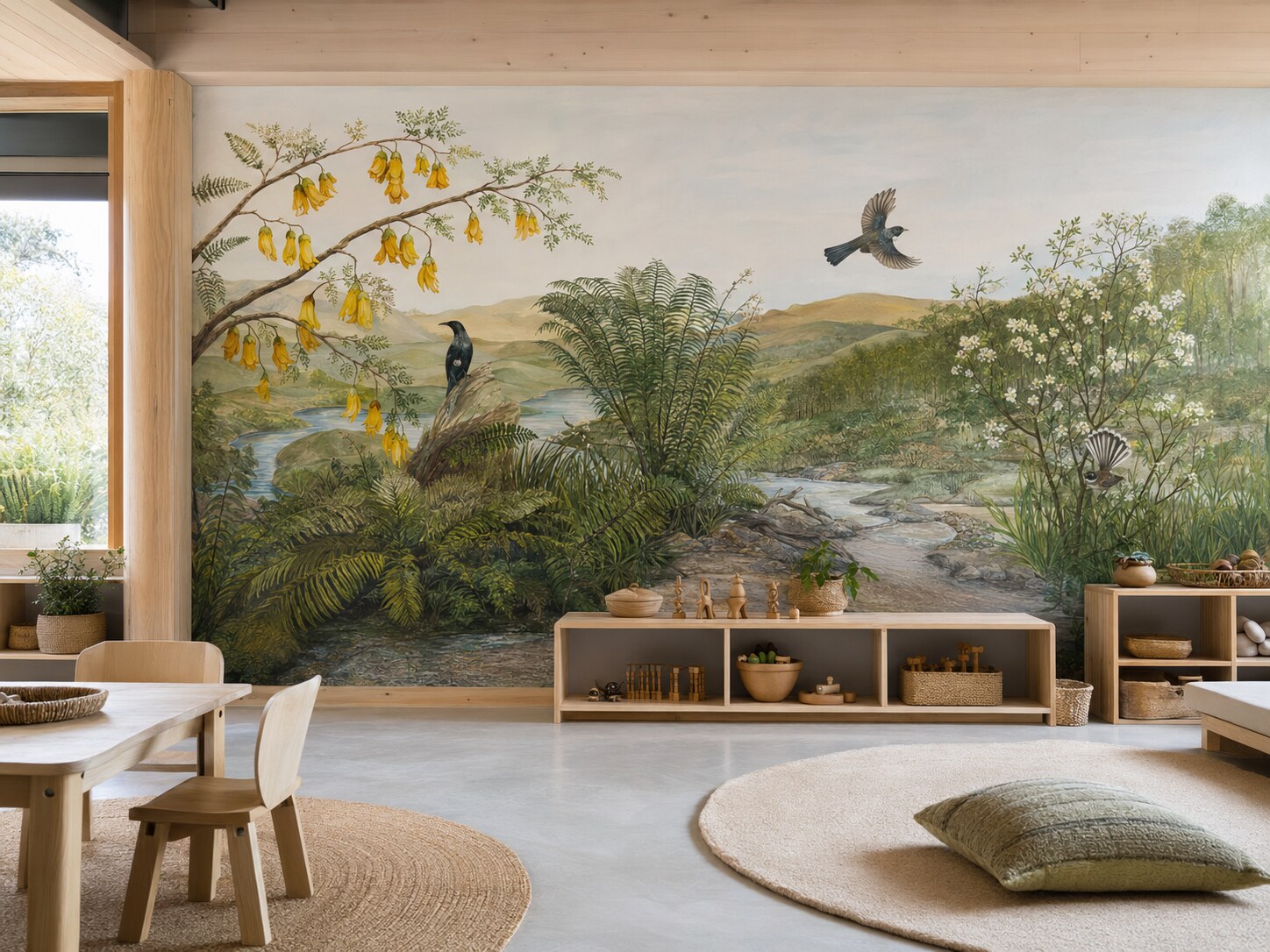 Early learning interior with a New Zealand nature education mural