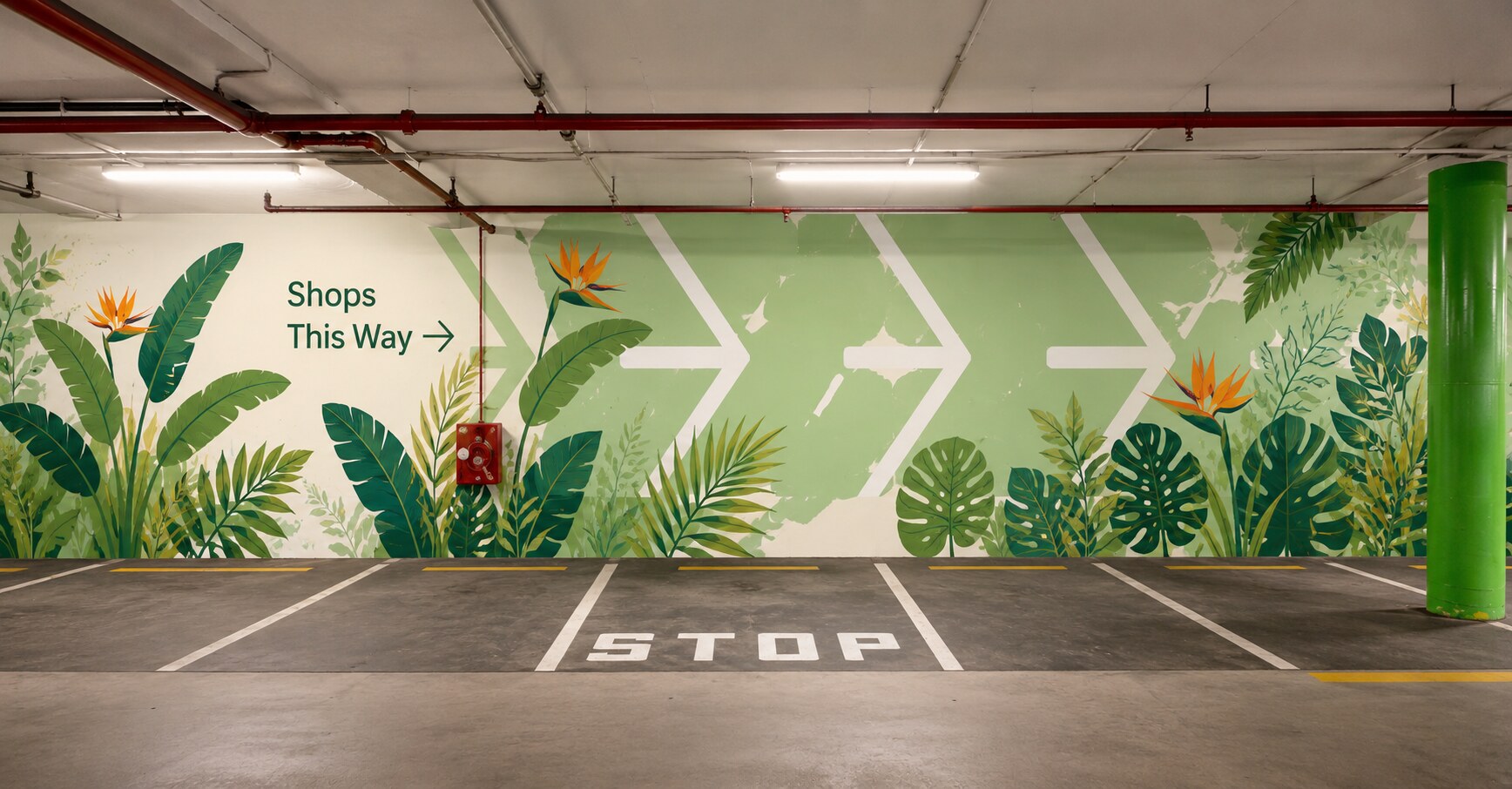 East Auckland commercial underground car park mural concept with tropical planting and directional graphics