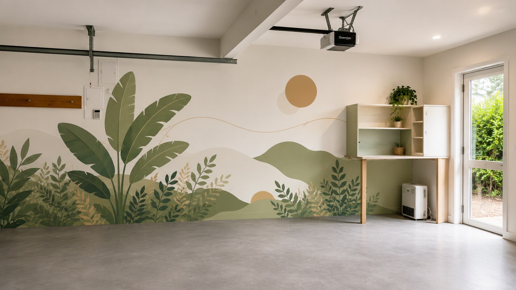 East Auckland residential garage concept with soft hills and botanical forms