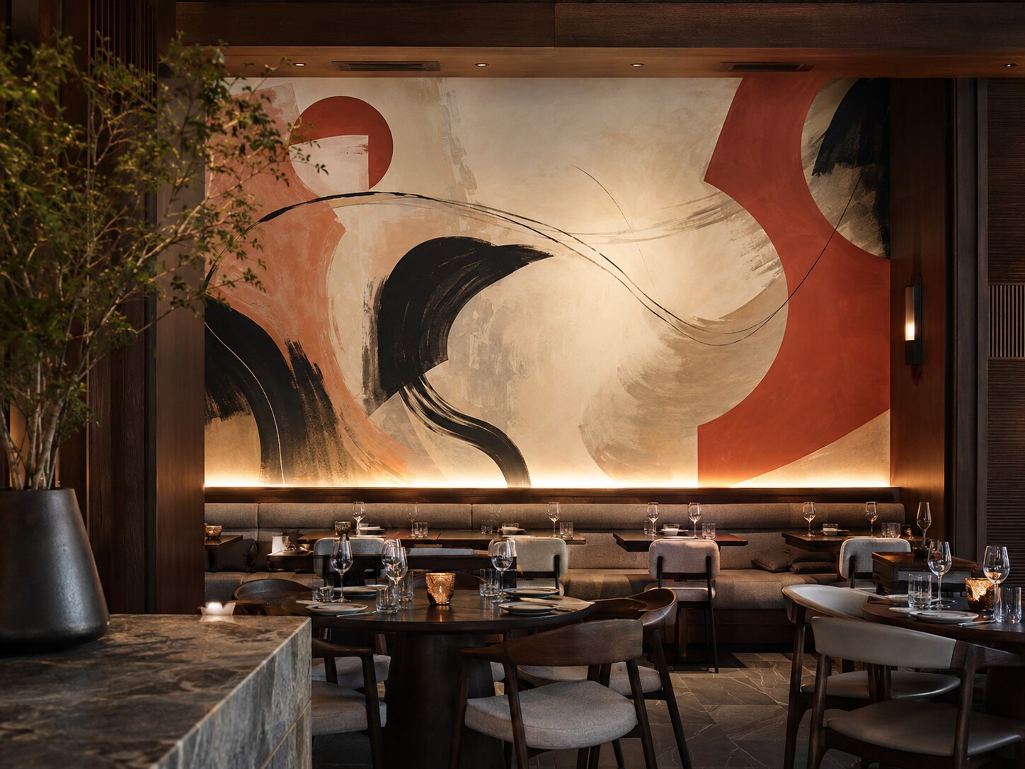 Contemporary Asian restaurant with a bold original story-wall mural