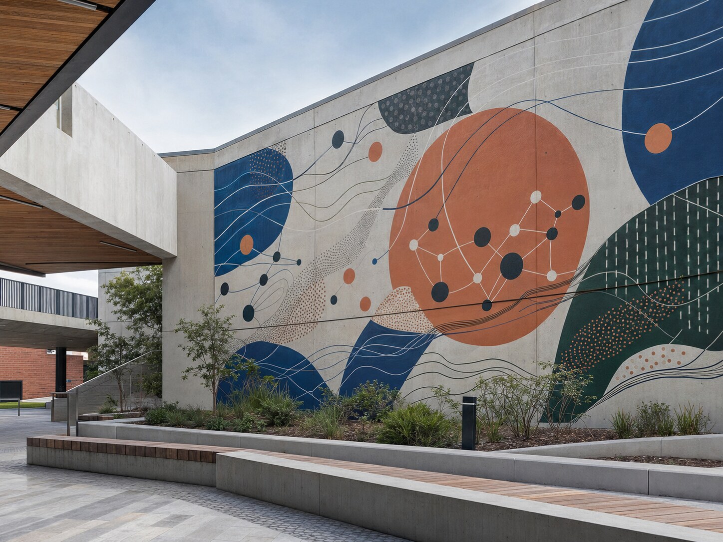 Contemporary university campus courtyard with a large-scale public mural